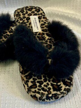 Mushmellows by Olivia Miller Leopard Print Thong Fur Slippers Plush L